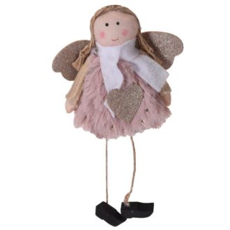   Karácsonyi dekoráció (angyal rózsaszín szőrme ruhában arany csillámporos szárnnyal és szívecskével fekete cipőben)