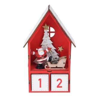   Dekorációs figura, adventi naptár LED világítással (piros házikóban Mikulás és szánja)