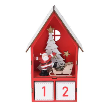   Dekorációs figura, adventi naptár LED világítással (piros házikóban Mikulás és szánja)