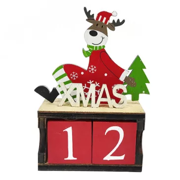   Dekorációs figura, adventi naptár (rénszarvas zöld fenyővel, XMAS felirattal)