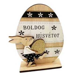   Húsvéti dekorációs figura (nagy mintás tojás Boldog Húsvétot felirattal, natúr-fekete)