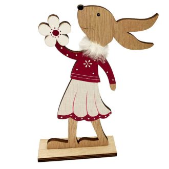   Húsvéti dekorációs figura (nyuszi lány szoknyában, kezében virág, natúr-pink)