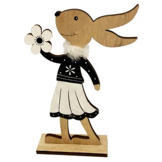   Húsvéti dekorációs figura (nyuszi lány szoknyában, kezében virág, natúr-fekete)
