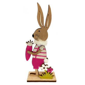   Húsvéti dekorációs figura (nyuszi csíkos kantáros ruhában, répával és virágokkal, natúr-pink)