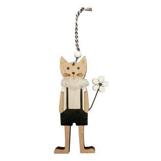   Tavaszi dekorációs figura (cica, fekete-fehér kantáros ruhában, virággal)