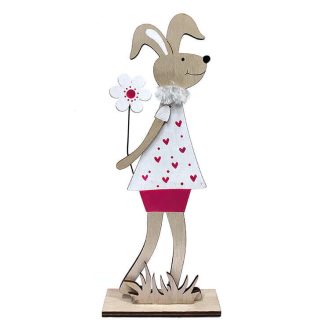   Húsvéti dekorációs figura (nagy nyuszi szívecskés pólóban, kezében virág, natúr-pink)
