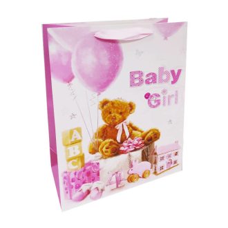   Ajándéktasak - közepes (Baby Girl, maci rózsaszín lufival)