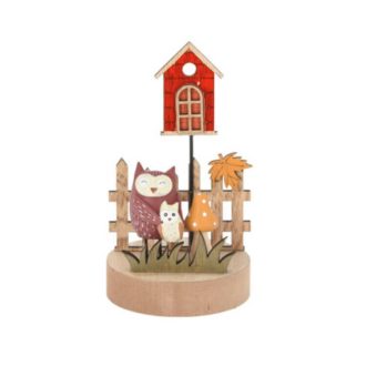   Őszi dekorációs figura (2 db bagoly sárga gombával fa henger alapon kerítéssel és házikóval)