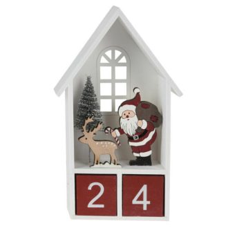   Dekorációs figura, adventi naptár (fehér házikóban Mikulás, piros számkockákkal)