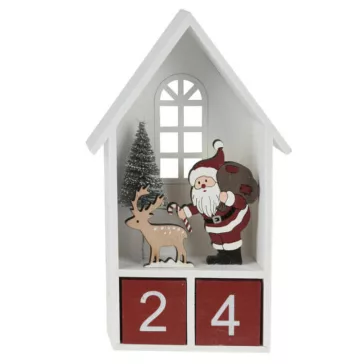   Dekorációs figura, adventi naptár (fehér házikóban Mikulás, piros számkockákkal)