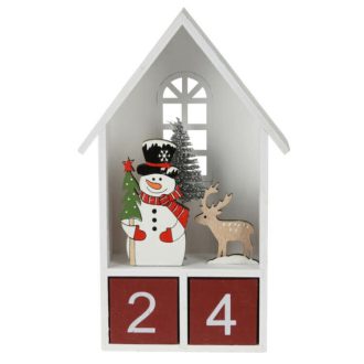   Dekorációs figura, adventi naptár (fehér házikóban hóember, piros számkockákkal)