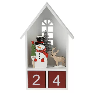   Dekorációs figura, adventi naptár (fehér házikóban hóember, piros számkockákkal)