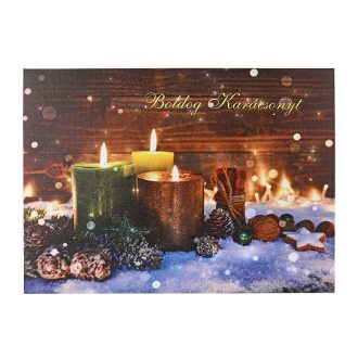   Karácsonyi vászonkép LED világítással (gyertyák tobozzal és fenyő ágakkal, Boldog Karácsony felirattal)