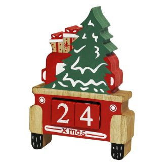   Adventi naptár (piros-natúr színű autó fenyőfával, ajándékokkal, Xmas felirattal)