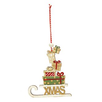   Karácsonyi dekoráció (fehér szánkó ajándékokkal és Xmas felirattal)