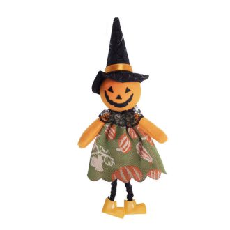   Halloween dekorációs figura (narancssárga tök, zöld szoknyában)