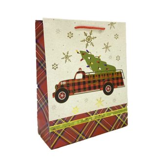   Ajándéktasak - közepes (kockás tűzoltóautó karácsonyfával)