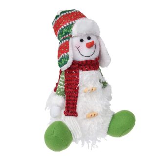   Karácsonyi dekoráció, LED-es (ülő hóember, kötött sapkában)
