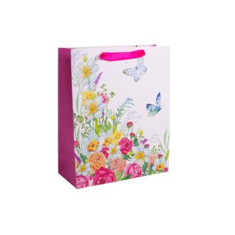 Ajándéktasak - közepes (fehér, virágok pillangókkal)