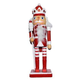   Diótörő 26 cm-es, fehér-piros ruhában, fehér jogarral a kezében