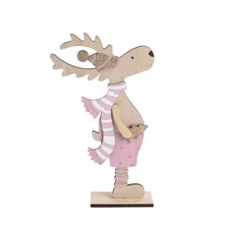   Karácsonyi asztaldísz - rénszarvas rózsaszín ruhában, fenyővel (nagy)