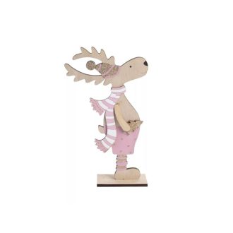   Karácsonyi asztaldísz - rénszarvas rózsaszín ruhában, fenyővel (kicsi)