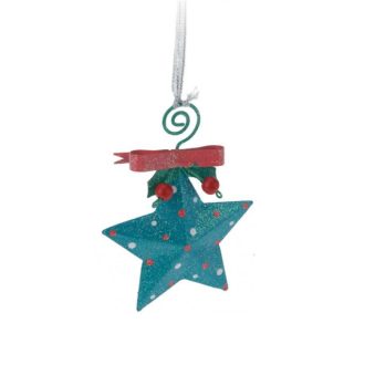 Karácsonyfadísz fémből - 3D kék csillag fagyönggyel