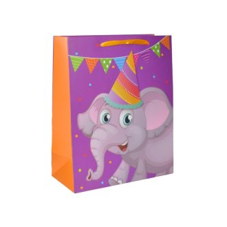 Ajándéktasak - közepes (lila, elefánt party sapkában)