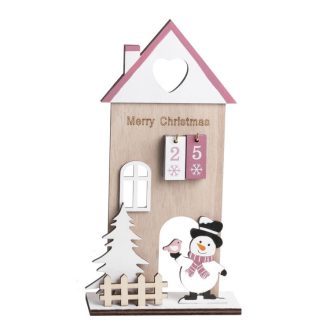   Adventi naptár - házikó hóemberrel és fenyővel (rózsaszín)