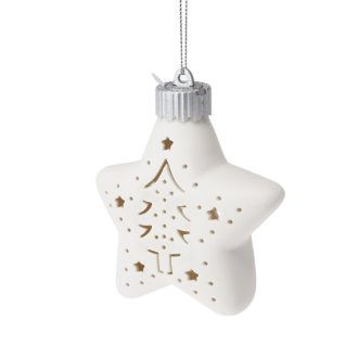   Karácsonyfadísz világítós porcelán csillag - fenyő csillaggal