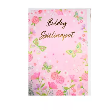   Üdvözlőkártya - rózsaszín alapon, boldog szülinapot felirattal (pillangós)(Képeslap)
