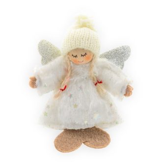 Karácsonyi dekoráció (fehér, plüss angyal sapkában)