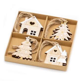 Karácsonyfadísz 8 db-os (natúr-fehér, fenyőfa, ház)