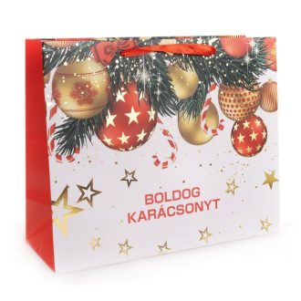   Ajándéktasak fekvő- kicsi (fehér alapon piros-arany gömbdíszek)