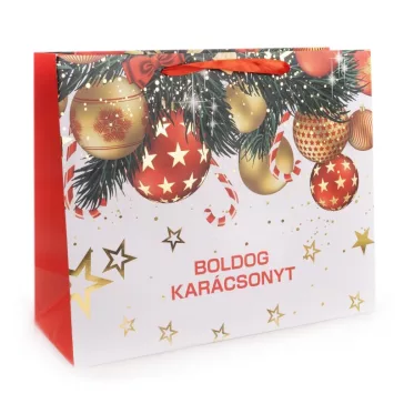   Ajándéktasak fekvő- közepes (fehér alapon piros-arany gömbdíszek)