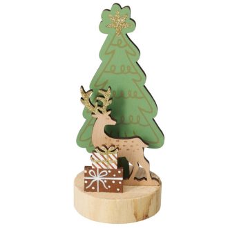   Asztaldísz -fa zöld fenyő szarvassal, barna ajándékokkal