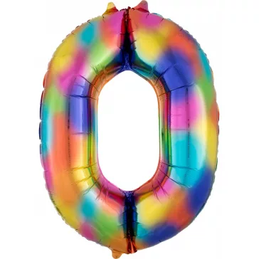 Színes Rainbow óriás szám fólia lufi 0-ás, 88x63 cm