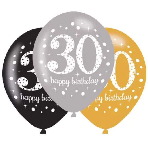 Happy Birthday 30 Gold léggömb, lufi 6 db-os 11 inch (27,5 cm) Happy Birthday 30 Gold léggömb, lufi 6 db-os 11 inch (27,5 cm)