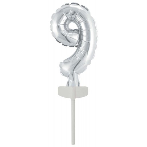 Ezüst Silver 9-es szám fólia lufi tortára 13 cm