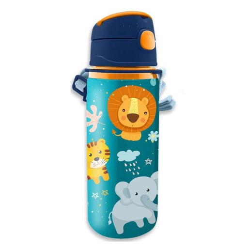 Jungle, Állatos alumínium szívószálas kulacs akasztóval 600 ml