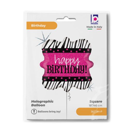 Happy Birthday Zebra Holo fólia lufi 46 cm