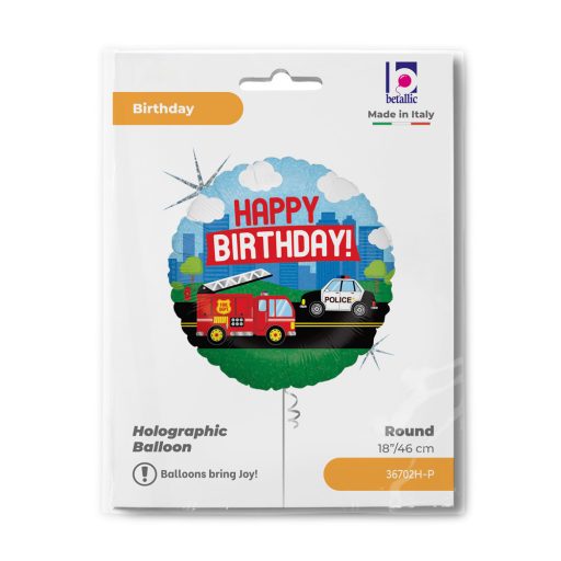 Happy Birthday Emergency Vehicle Holo fólia lufi 46 cm