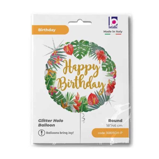 Happy Birthday Glitter Tropical fólia lufi 46 cm