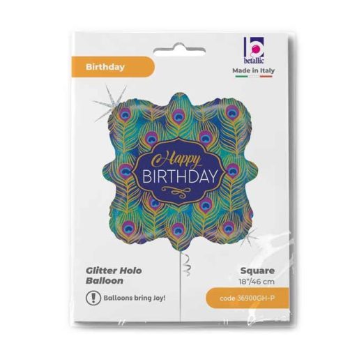 Happy Birthday Glitter Peacook fólia lufi 46 cm