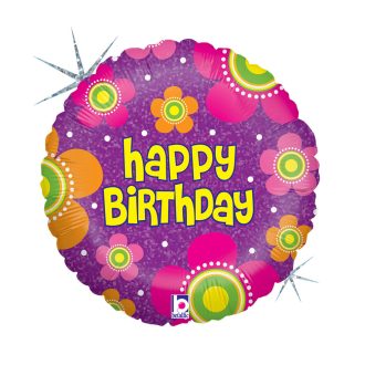 Happy Birthday Flowers Holo fólia lufi 46 cm