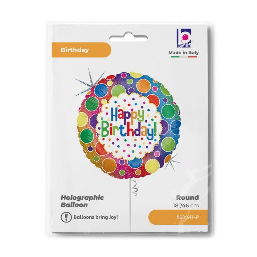 Happy Birthday Rainbow Dots Holo fólia lufi 46 cm