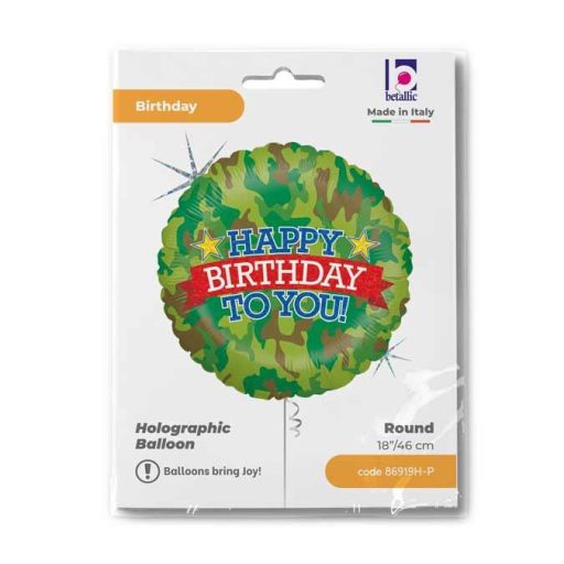 Happy Birthday Camouflage Holo fólia lufi 46 cm