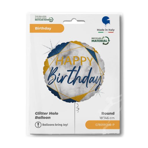 Happy Birthday Glitter Marble Blue fólia lufi 46 cm