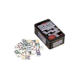   Dominó készlet, dupla 12-es, színes pöttyökkel, fém dobozban, -695103