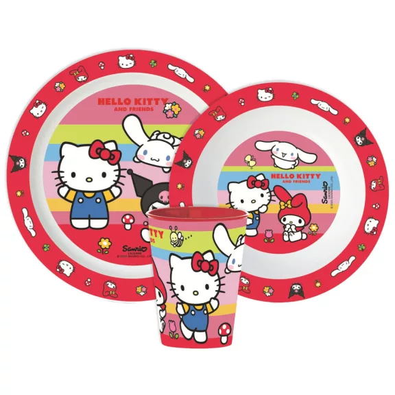 Hello Kitty And Friends étkészlet, micro műanyag szett, pohárral 260 ml Hello Kitty And Friends étkészlet, micro műanyag szett, pohárral 260 ml